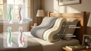 Ergonomic supportive pillow for elderly back pain relief. / Oreiller de soutien ergonomique pour soulager les douleurs dorsales des aînés.