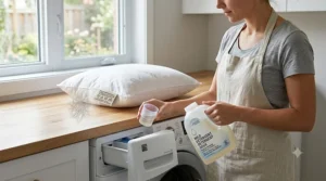 Illustration of using mild detergent to clean a washable pillow.
