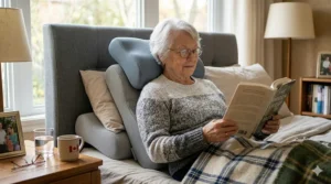 Elderly individual reading in bed using a supportive pillow for elderly. / Personne âgée lisant au lit avec un oreiller de soutien pour aînés.
