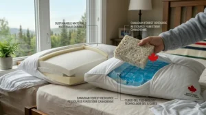 Highlight of Canadian-sourced sustainable materials in youth pillow manufacturing. / Mise en avant des matériaux durables de source canadienne utilisés dans la fabrication de nos oreillers pour jeunes.