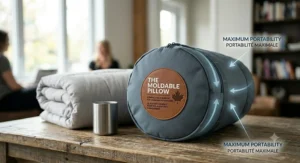 Design compact montrant l'oreiller malléable emballé pour voyager partout au Canada.