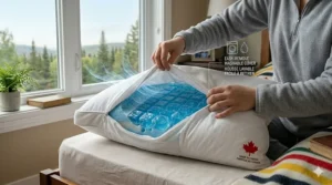 Easy-remove washable cover feature on a youth pillow for Canadian households. / Caractéristique de housse lavable facile à retirer sur un oreiller pour jeunes, idéal pour les foyers canadiens.