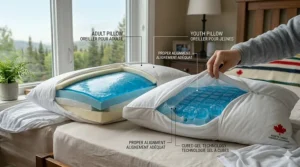 Size comparison showing the ideal proportions of a pillow for youth versus standard adults. / Comparaison de taille montrant les proportions idéales d'un oreiller pour jeunes par rapport à un oreiller pour adultes.