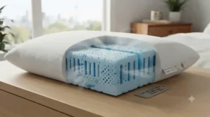 Diagram of internal airflow channels in a ventilated pillow for night sweats, illustrating how trapped heat escapes for hot sleepers.