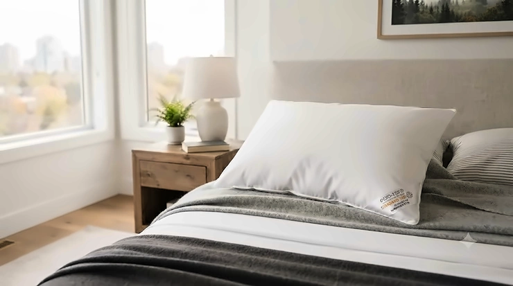 Plush best Oeko-Tex pillow on a clean white bed in a modern Canadian bedroom.