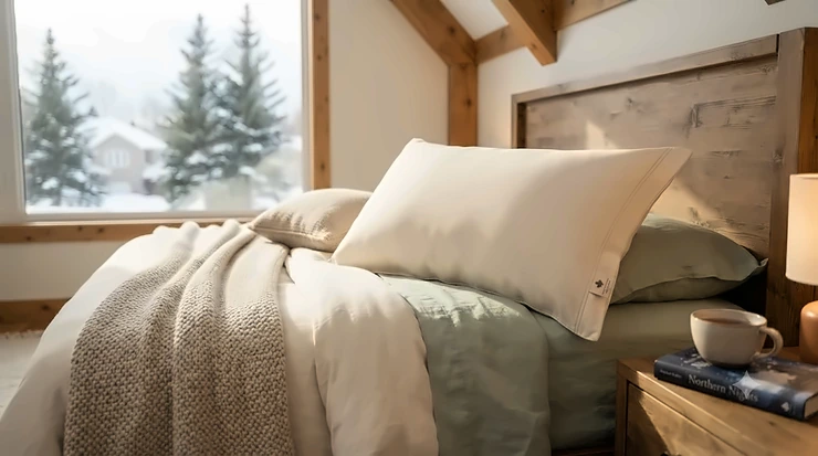High-quality organic cotton pillow on a cozy bed in a Canadian home.best organic pillow