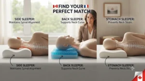 Infographic matching side and back sleepers to the ideal gel pillow vs memory foam pillow loft and firmness.