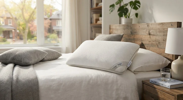 A plush white best ventilated pillow resting on a cozy bed in a modern Canadian bedroom, designed for comfortable, temperature-regulated sleep.