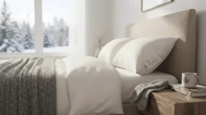 A cozy bedroom setting featuring the best Oeko-Tex pillow for Canadian winters.