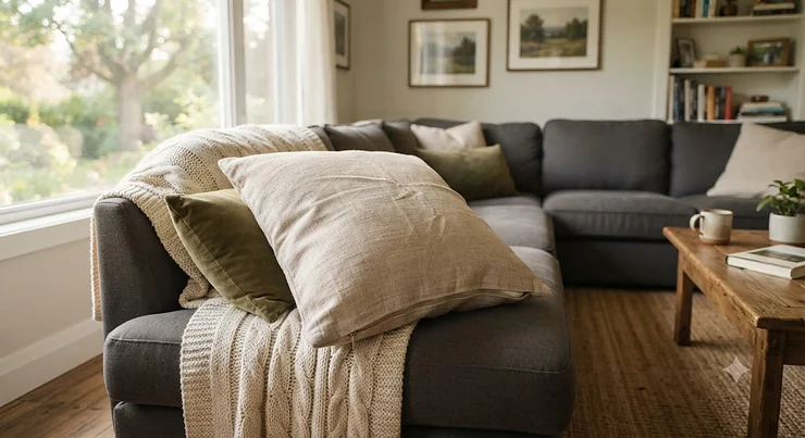 Cozy living room featuring a plush pillow with removable cover in a soft neutral tone.