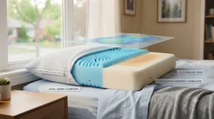 Dual-sided pillow for night sweats featuring a cool-touch fabric for warm Canadian summers and a cozy side for winter.