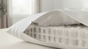 Close up of breathable fabric on an easy care pillow.