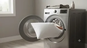 An easy care pillow being placed in a washing machine.