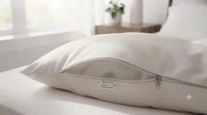 User-friendly graphic showing the removable, washable cover of our Oeko-Tex pillow.