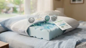 Eco-friendly certifications graphic for a safe, non-toxic pillow for night sweats available in Canada.