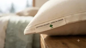 Certified organic label on a soft, natural fiber pillow.
