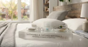 Eco-friendly icon set highlighting sustainably sourced, non-toxic materials used in crafting the best ventilated pillow.