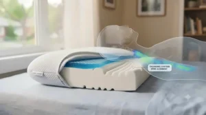 Cross-section illustration of an ergonomic support pillow for night sweats providing neck alignment for side sleepers.