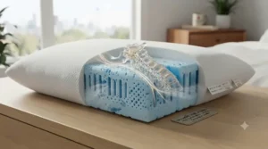 Ergonomic design layout of a ventilated pillow for night sweats, ensuring proper neck alignment and pressure relief for side and back sleepers.