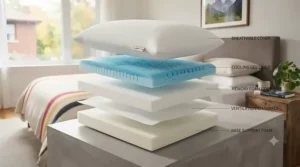 Detailed breakdown of cooling gel layers and memory foam core inside a premium gel memory foam pillow.