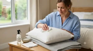 Organizing gentle soap and cloth to spot clean a pillow.