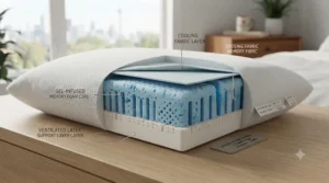Cross-section of a gel-infused ventilated pillow for night sweats, highlighting temperature-regulating layers designed to prevent overheating.