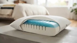 Cross-section view of a gel memory foam pillow showing breathable ventilation holes and cooling gel layers for Canadian climates.