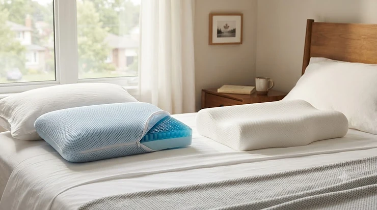 A side-by-side comparison of a cooling gel pillow and a contoured memory foam pillow on a cozy bed, highlighting top choices for Canadian hot and cold sleepers.