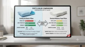 A visual summary chart balancing the price, comfort features, and lifespan of gel pillows versus traditional memory foam pillows.