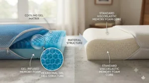 Detailed cutout view comparing the gel layer of a cooling pillow with the dense polyurethane structure of a memory foam pillow.