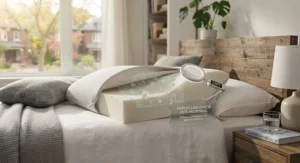 Icon illustration of hypoallergenic materials protecting the best ventilated pillow against dust mites and allergens for Canadian households.