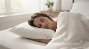 Illustration of a person sleeping peacefully on an Oeko-Tex certified pillow.