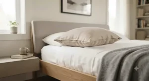 Modern bedroom styling with a decorative pillow with removable cover on a crisp bedspread.