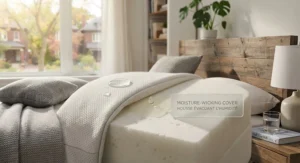 Diagram showing moisture-wicking properties of the breathable cover on the best ventilated pillow for sweat-free, dry sleep (sommeil frais et sec).
