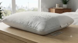 Moisture-wicking fabric cover of a ventilated pillow for night sweats, keeping Canadian sleepers dry through all four seasons.
