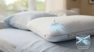 Graphic of moisture-wicking fabric on a breathable pillow for night sweats, ideal for year-round comfort in Canadian homes.
