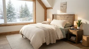 Cozy bedroom setting with a clean, organic sleep setup.