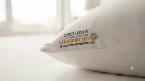 Close-up of the official Oeko-Tex certification label on a premium pillow.