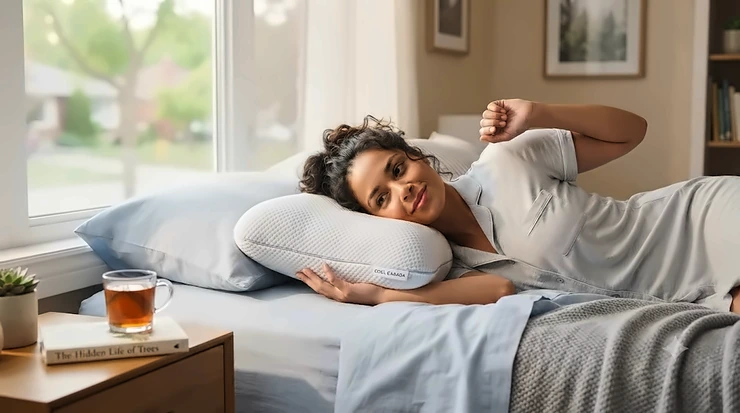 Premium cooling pillow for night sweats on a comfortable bed, designed to regulate temperature for hot sleepers across Canada.