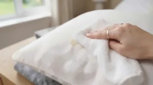 Patting the pillow with a clean, dry towel to absorb excess moisture.