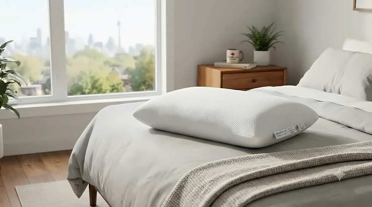 A premium ventilated pillow for night sweats displayed on a modern bed setup in a Canadian home, designed for cool and comfortable sleep.