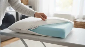 Washable hypoallergenic cover on a gel memory foam pillow, ideal for everyday Canadian household use.
