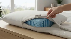 Removable and machine-washable cover of a ventilated pillow for night sweats, offering easy cleaning for daily freshness.