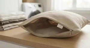Illustration showing the step-by-step process of cleaning a pillow with removable cover.