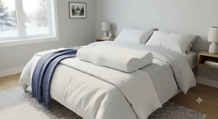 An ergonomic antimicrobial pillow for allergies placed on a neatly made bed in a modern Canadian bedroom, featuring hypoallergenic fabric.
