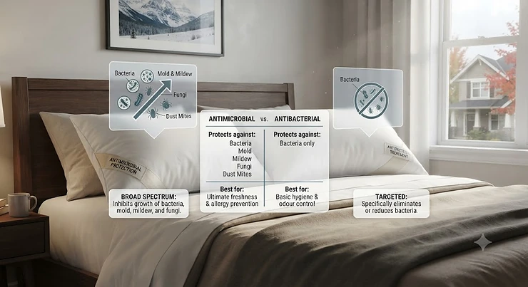 A side-by-side comparison illustrating antimicrobial vs antibacterial pillows on a cozy Canadian bed setup.