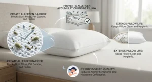 Infographic showing how a dust mite pillow protector creates a barrier against common household allergens.