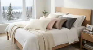 Assorted neutral-toned silk pillowcases for hair and skin displayed on a neatly made Canadian bed.