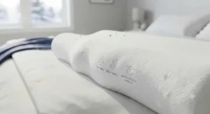 Detail view of the breathable cotton cover on an antimicrobial pillow for allergies, blocking common household allergens and pollen.