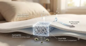 Diagram showing breathable, moisture-wicking material used in a high-quality dust mite pillow protector.